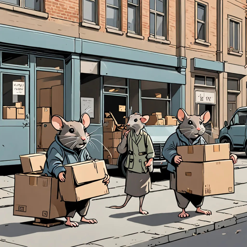 a group of mice carrying boxes on a city street in front of a building with a car parked on the side of the street, underground comix, a comic book panel, Art Spiegelman, laurie greasley
