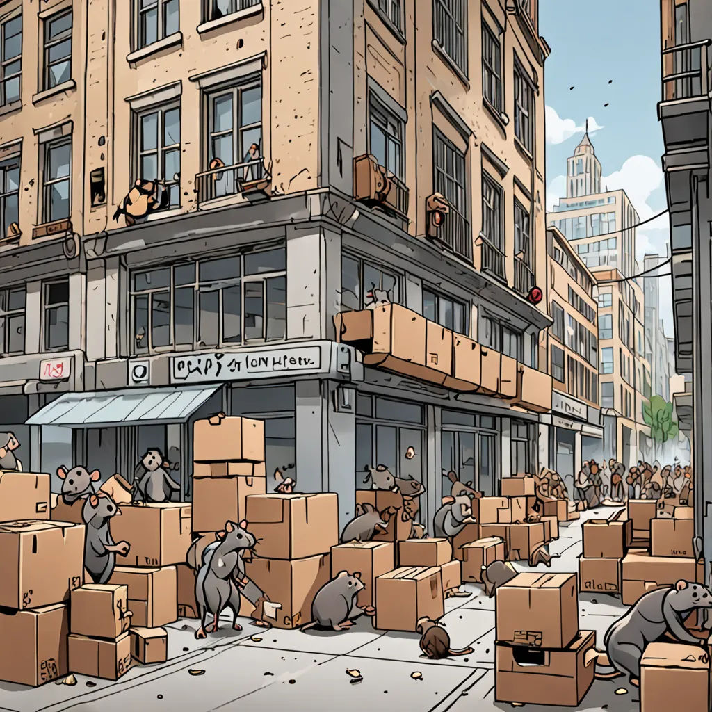 a cartoon of a group of people moving boxes on a city street with a building in the background and a crowd of people in the street, underground comix, a comic book panel, Farel Dalrymple, laurie greasley