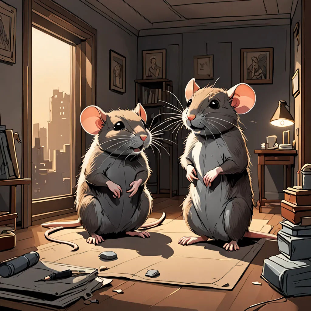 two mice sitting on a rug in a room with a window and a lamp on the floor next to a bookcase, sots art, a storybook illustration, Art Spiegelman, official art