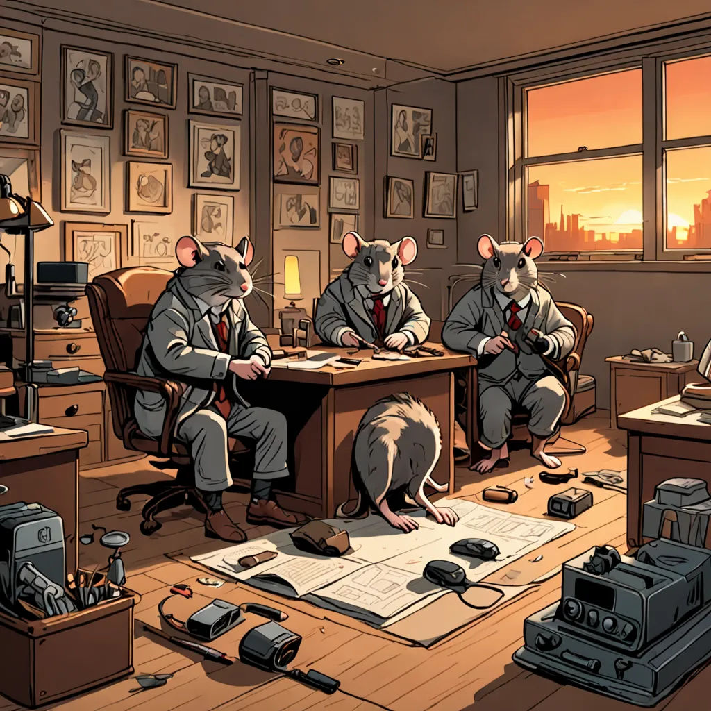a couple of mice sitting at a desk in a room with a window and a camera on the floor, process art, a comic book panel, Art Spiegelman, rossdraws global illumination