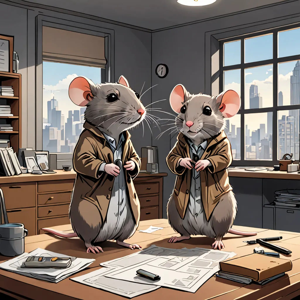 two mice dressed in business attire standing on a desk in an office with a city view behind them and a desk with a book, papers, pen and a lamp, furry art, a comic book panel, Art Spiegelman, official art