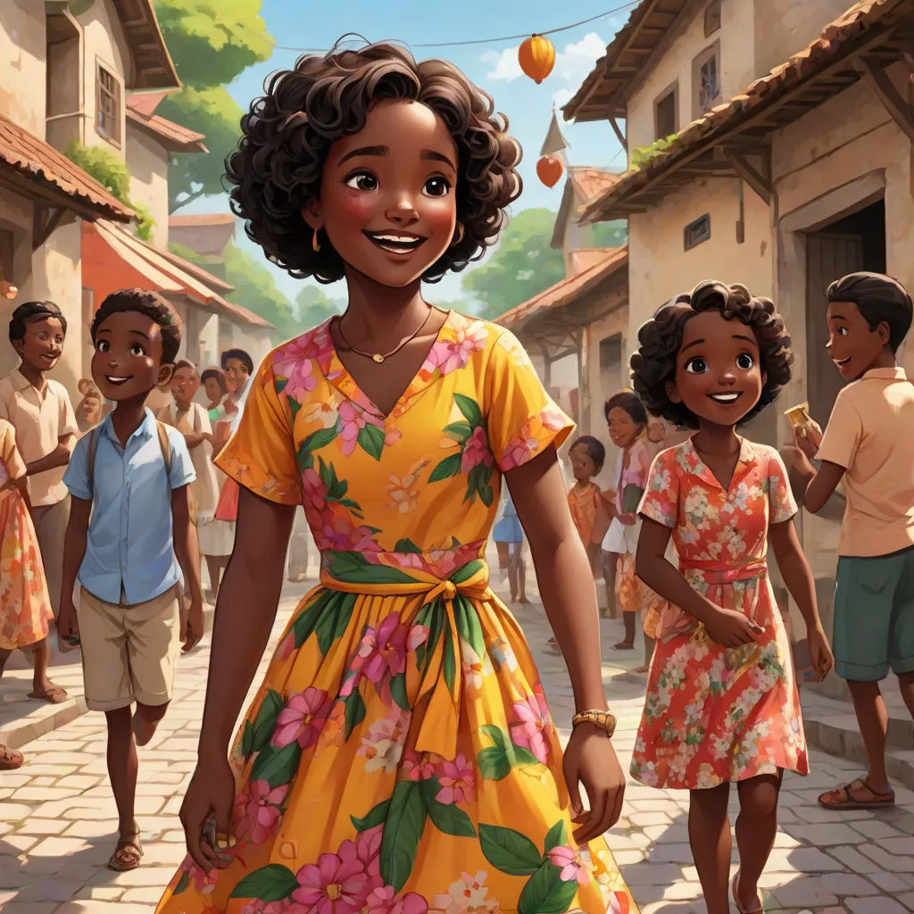 a cartoon of a woman in a yellow dress and other children in a village in the background, with a balloon in the sky, harlem renaissance, a storybook illustration, Ella Guru, official art