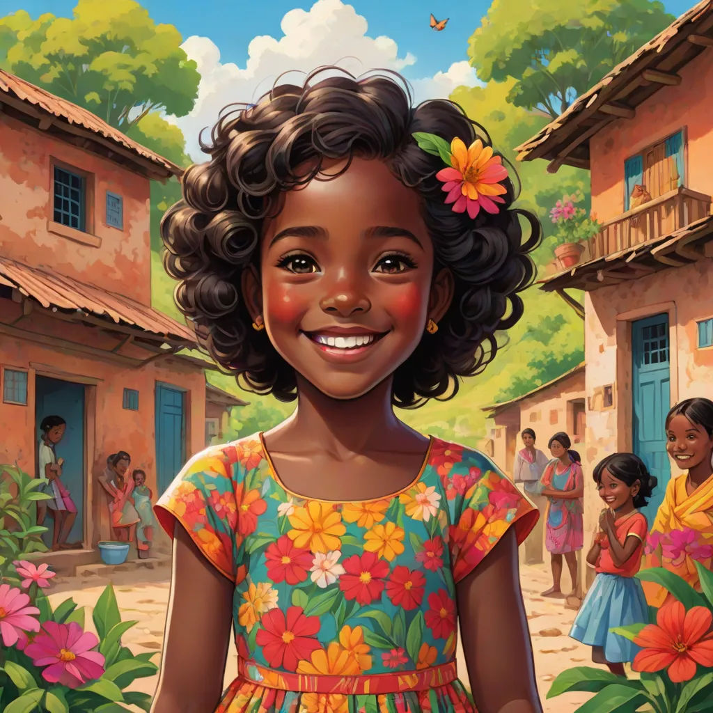 a painting of a young girl in a colorful dress with flowers in her hair and a group of children in the background, magical realism, a storybook illustration, Ella Guru, comic cover art