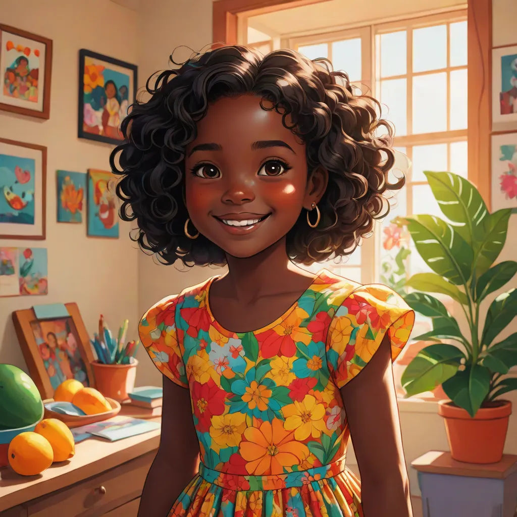 a cartoon girl with curly hair and a flowered dress stands in a kitchen with a potted plant, photorealism, an ultrafine detailed painting, Chinwe Chukwuogo-Roy, brown skin
