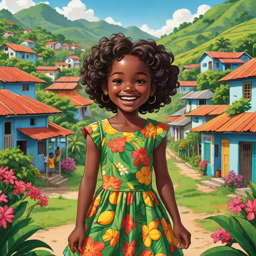a cartoon girl in a green dress standing in front of a village with flowers and houses on the hillside, magical realism, a storybook illustration, Chinwe Chukwuogo-Roy, official art