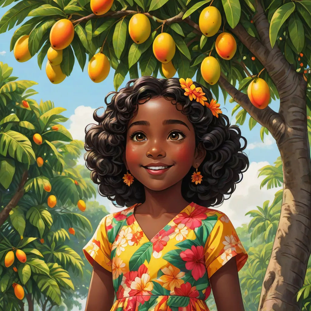 a painting of a girl standing under a tree with oranges on it's branches and a sky background, photorealism, a character portrait, Ella Guru, trending on art station
