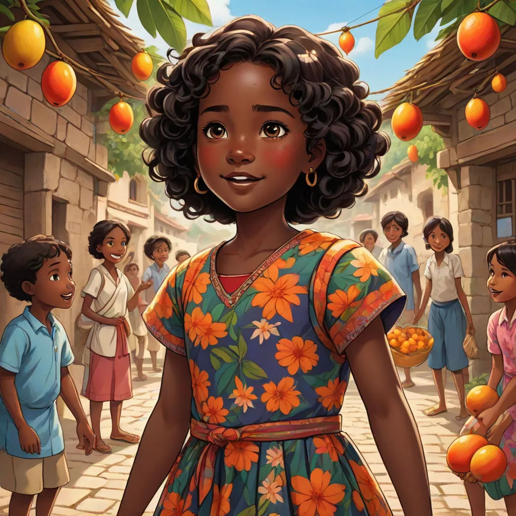 a cartoon of a girl in a colorful dress standing in front of a group of children in a courtyard, magical realism, a storybook illustration, Ella Guru, official art