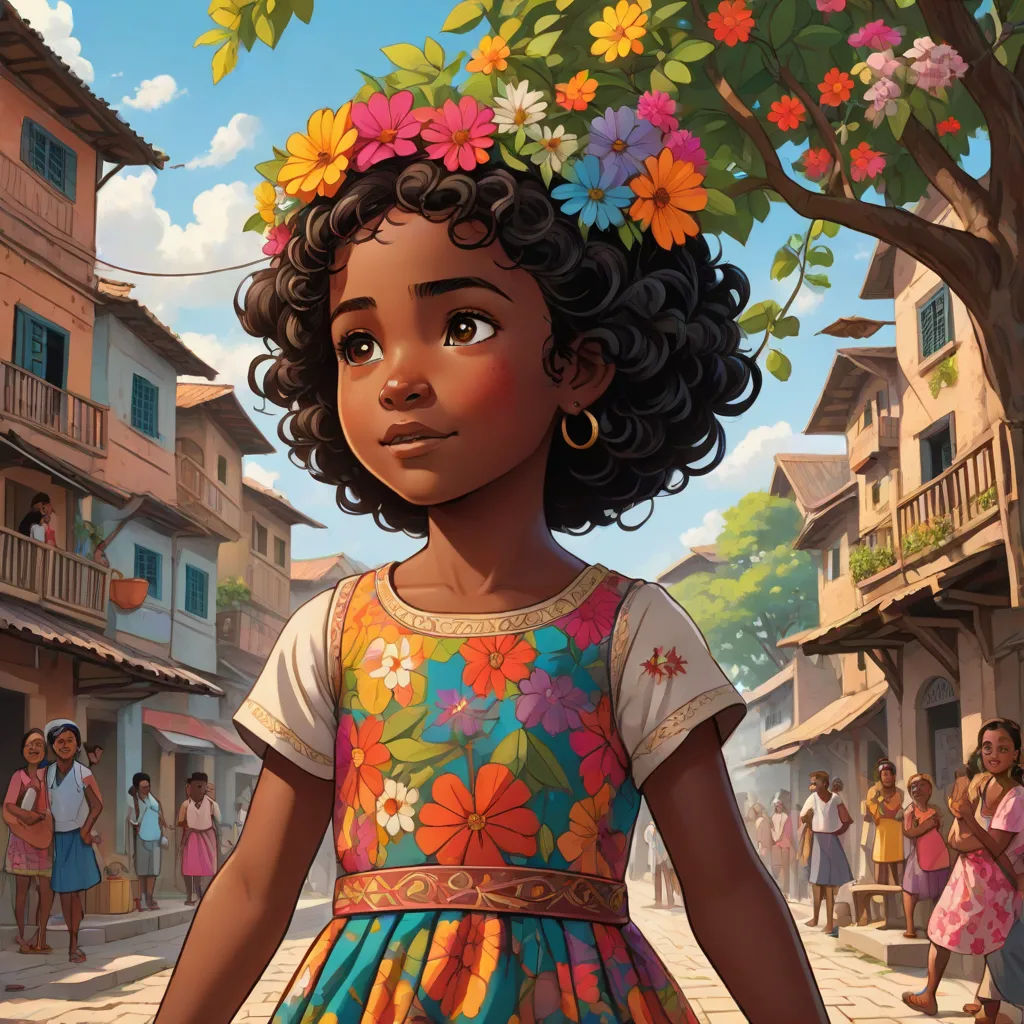 a young girl in a colorful dress standing in front of a tree with flowers in her hair and a crowd of people in the background, magical realism, a storybook illustration, Ella Guru, comic cover art
