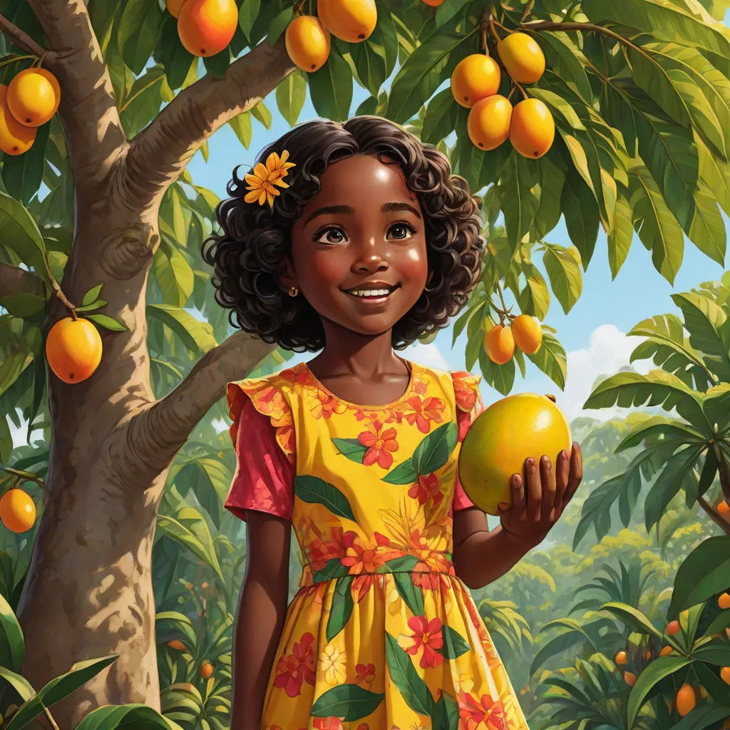 a painting of a girl holding an orange in a tree with oranges on it and a sky background, magical realism, an ultrafine detailed painting, Aaron Jasinski, highly detailed digital painting