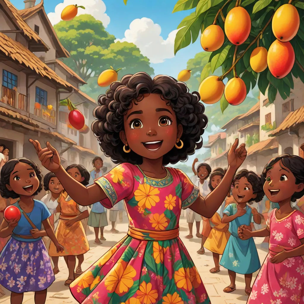 a cartoon of a girl in a colorful dress with other children around her and an orange tree in the background, magical realism, a storybook illustration, Ella Guru, official art