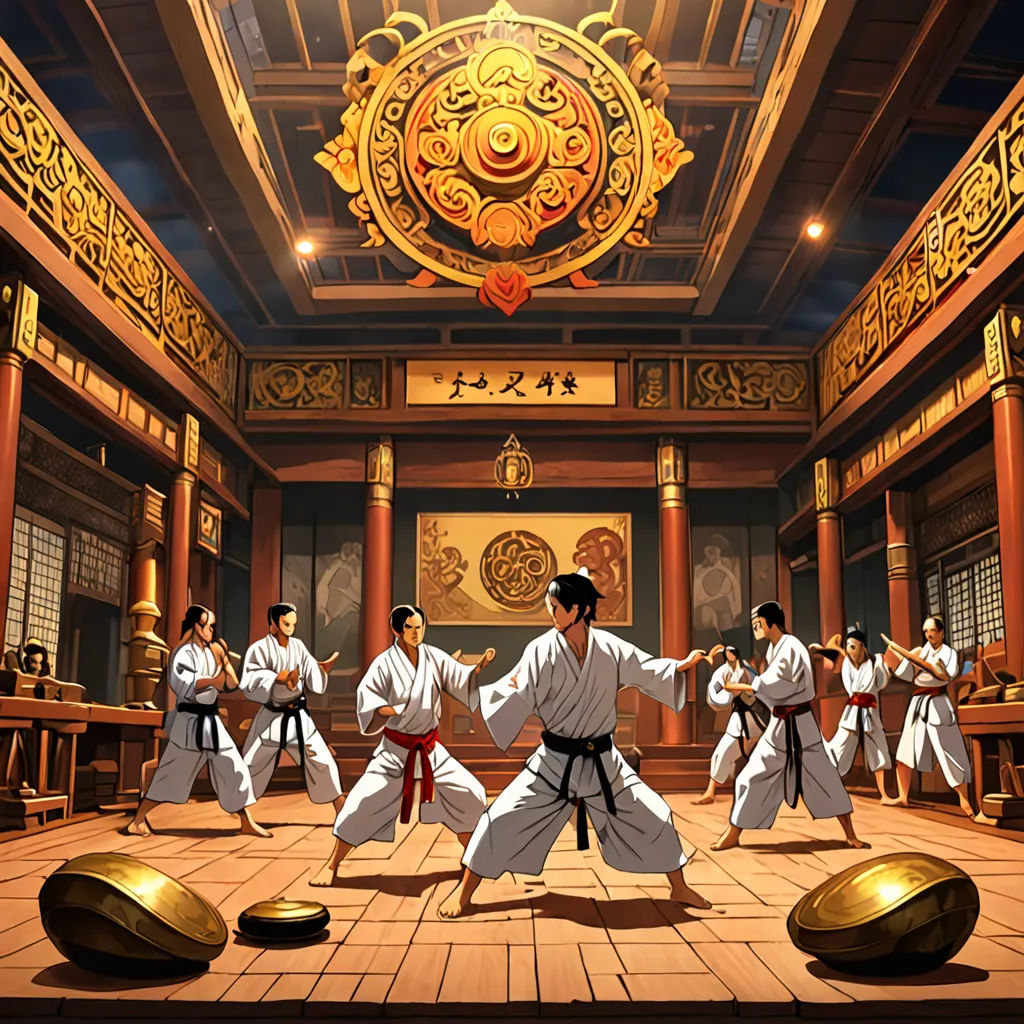 a group of people in a room with a ceiling fan and a gold medallion above them and a few people in white and black, dau-al-set, concept art, Baiōken Eishun, official art