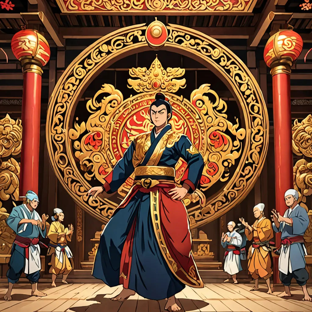 a cartoon of a man in a chinese costume standing in front of a golden circle with people around him, sumatraism, a comic book panel, Baiōken Eishun, official art