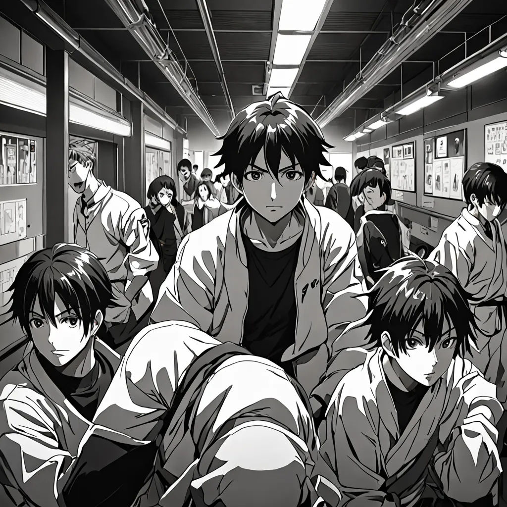 a group of people in a subway station with posters on the wall and posters on the walls behind them, shock art, a manga drawing, Baiōken Eishun, official art