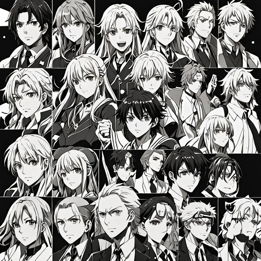 a bunch of anime characters with different expressions on them, all of which are black and white, with a black background, sots art, a manga drawing, Baiōken Eishun, official art