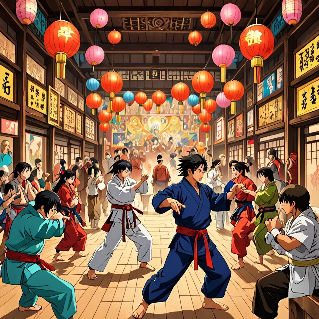 a group of people in a room with lanterns and lanterns hanging from the ceiling and a man in a blue suit, ukiyo-e, a comic book panel, Baiōken Eishun, official art