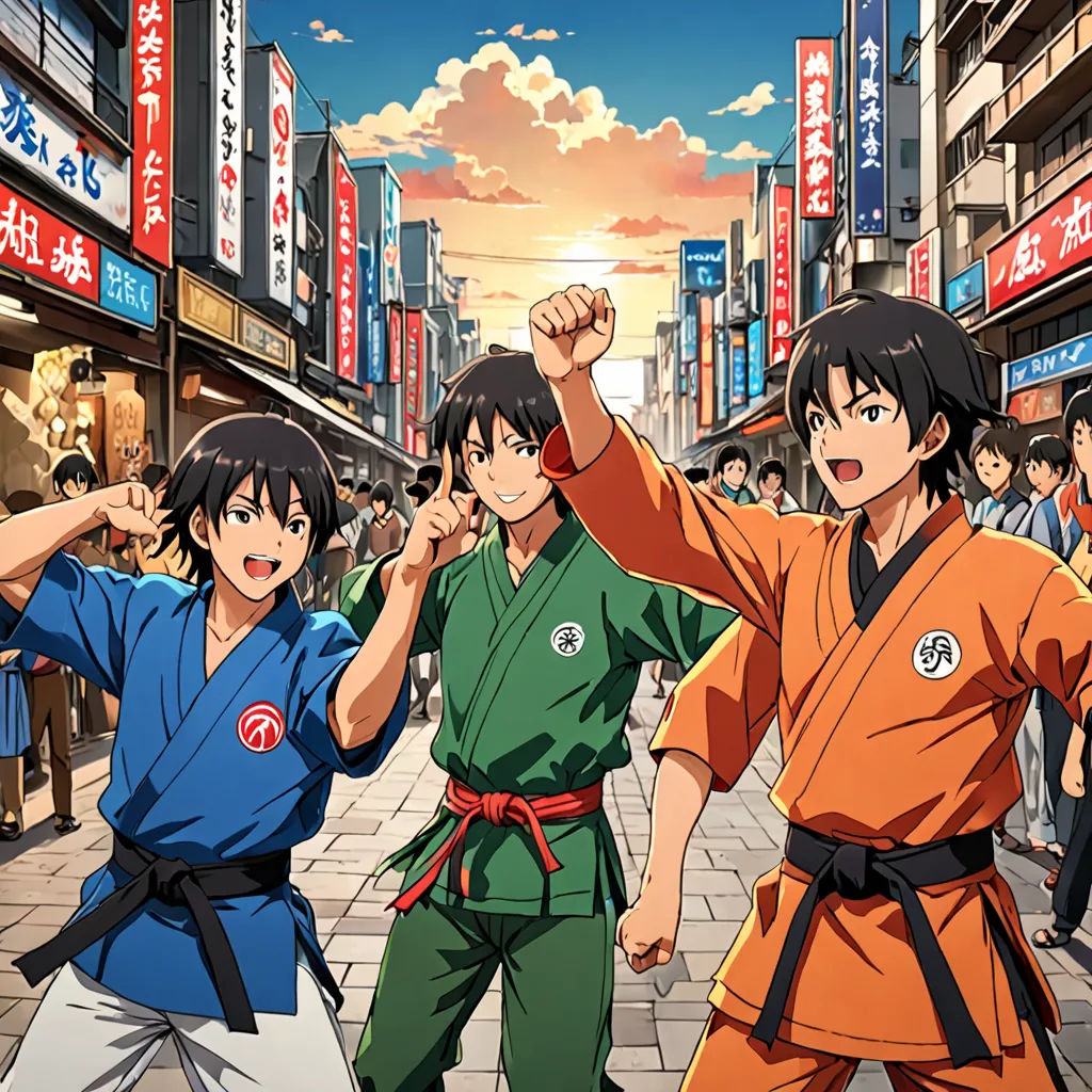 a group of people standing on a street next to each other in front of a crowd of people with their arms up, dau-al-set, a comic book panel, Baiōken Eishun, official art