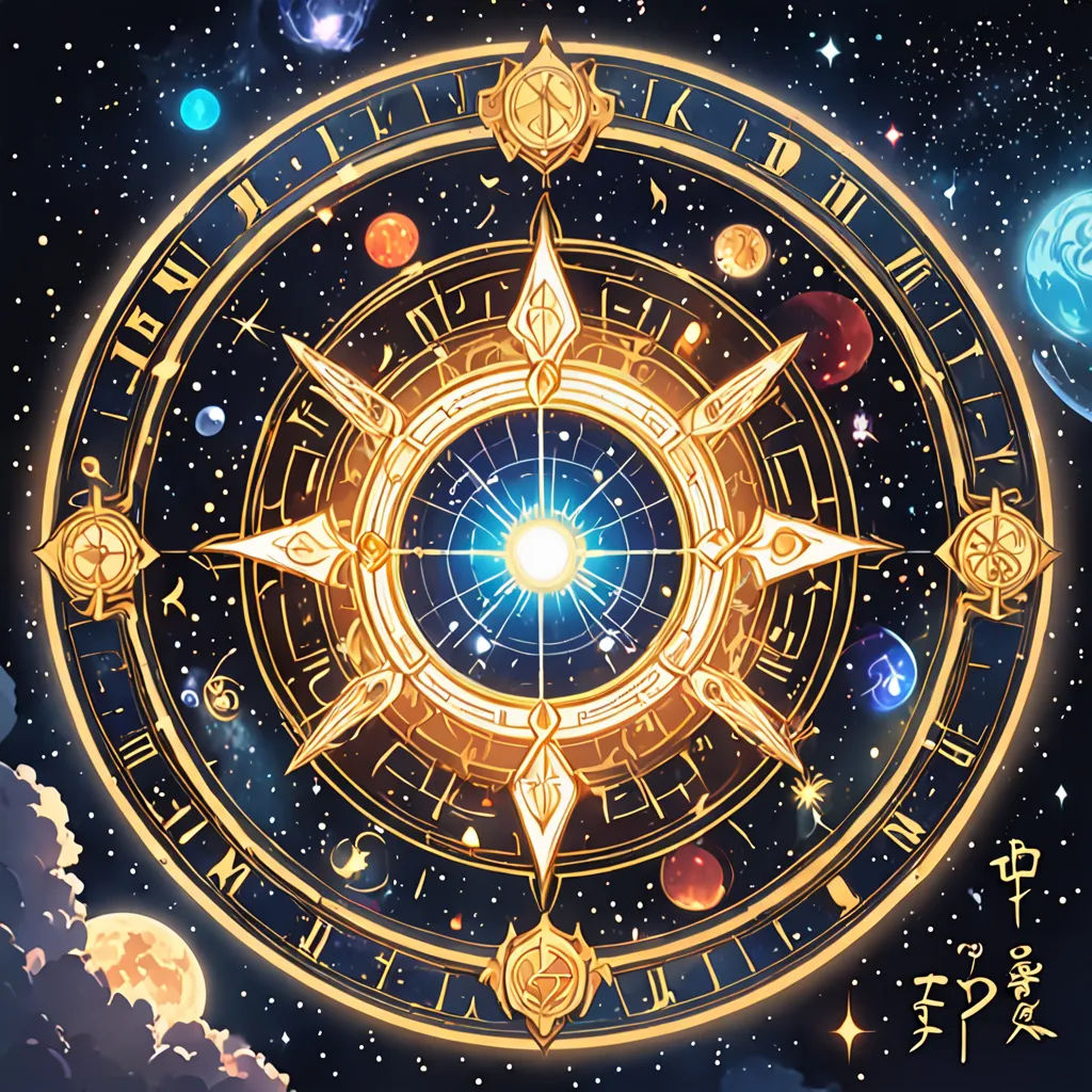 a golden astrological circle surrounded by planets and stars in the sky with the sun in the center of the circle, space art, a detailed painting, Fan Qi, official art