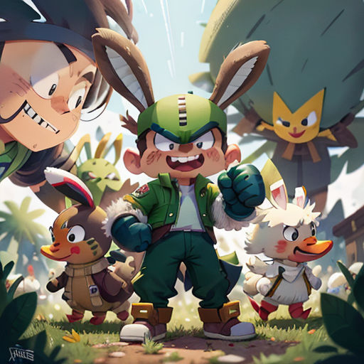 a group of cartoon characters standing in a forest with a bird and a rabbit on their back and a bird on their head