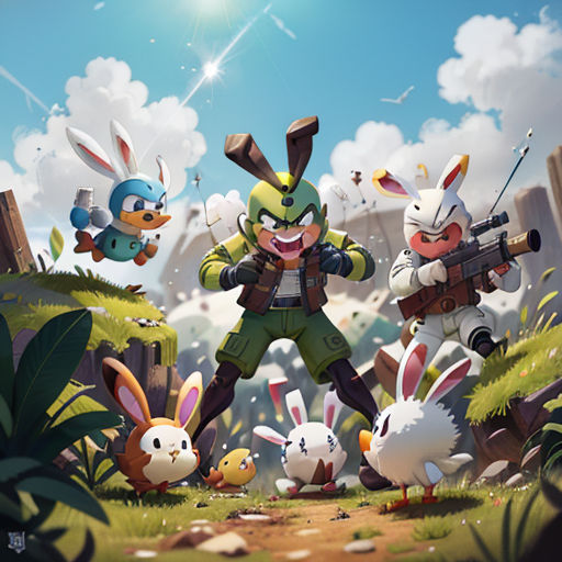 a group of cartoon characters standing in the grass with rabbits and rabbits around them, with a sky background