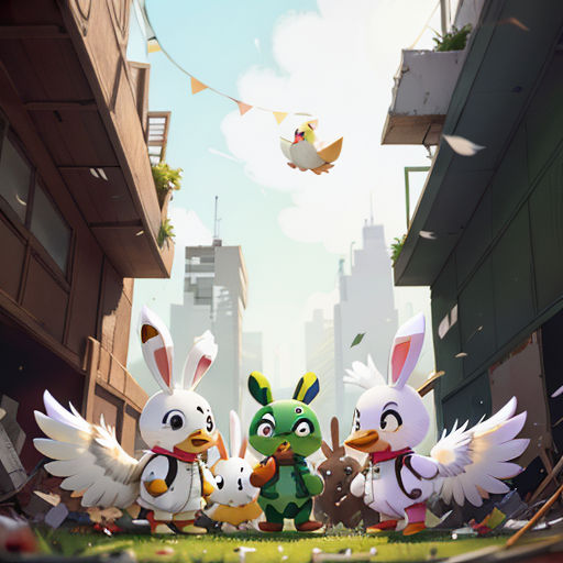 a group of cartoon birds standing in a city street with buildings in the background and a bird flying overhead