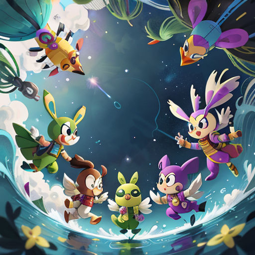 a group of cartoon characters flying through the air together in a circle of clouds and stars above them is a blue sky with stars