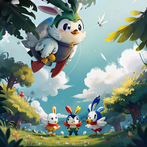 a cartoon of a group of rabbits flying through the air with a bird in the background and a bird in the foreground