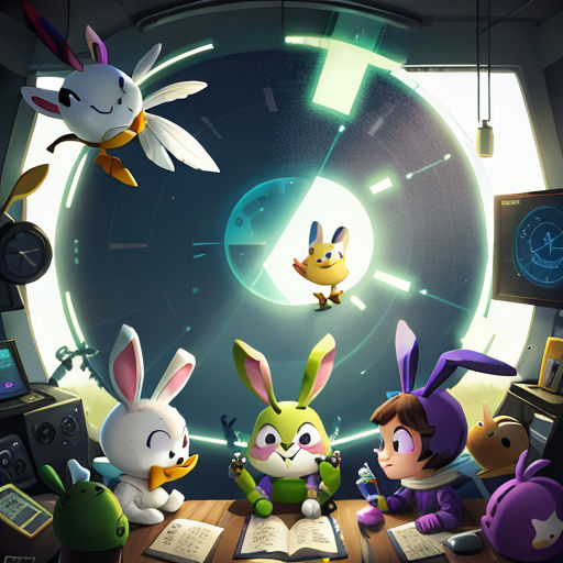 a group of cartoon characters sitting around a table with a clock in the background and a rabbit in the middle
