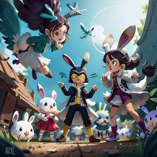 a group of people standing in front of a forest with animals and birds on it, and a person holding a gun