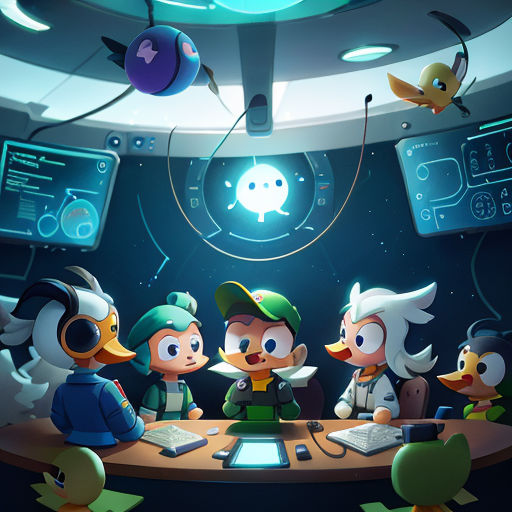 a group of cartoon characters sitting around a table in a room with a computer screen and a monitor on it