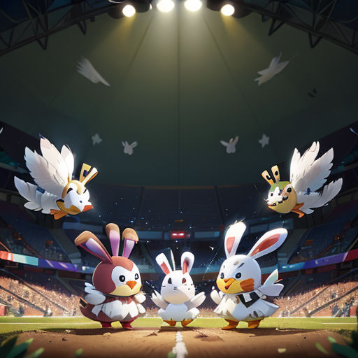 a group of cartoon animals standing on top of a baseball field in front of a crowd of people in a stadium