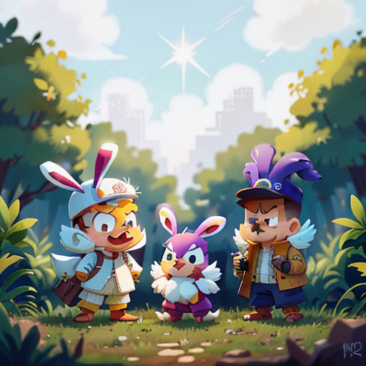 a group of cartoon characters standing in a forest with a city in the background and a star above them