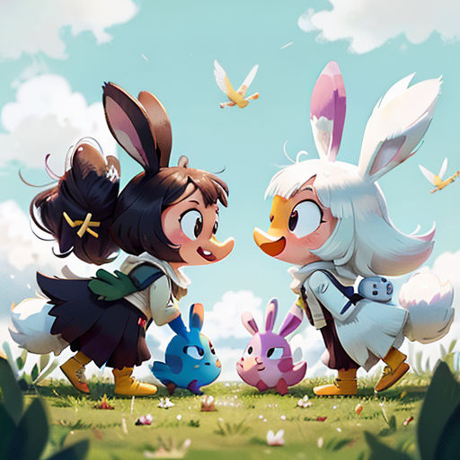 two cartoon characters are standing in the grass with a rabbit and a bird in the background, with a bird flying above them