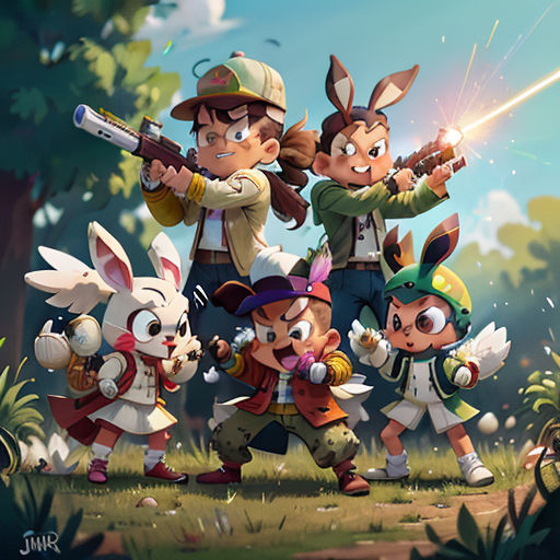 a group of cartoon characters holding guns in a forest with trees and grass in the background, with a sky background