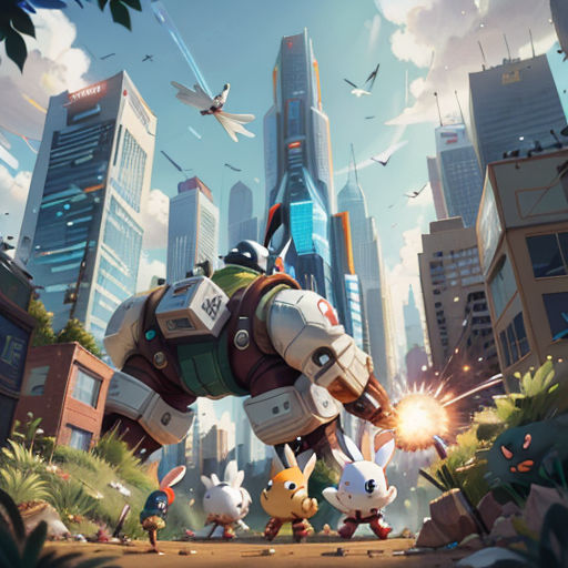 a cartoon of a robot dog with a bunch of rabbits in front of a city skyline with birds flying overhead