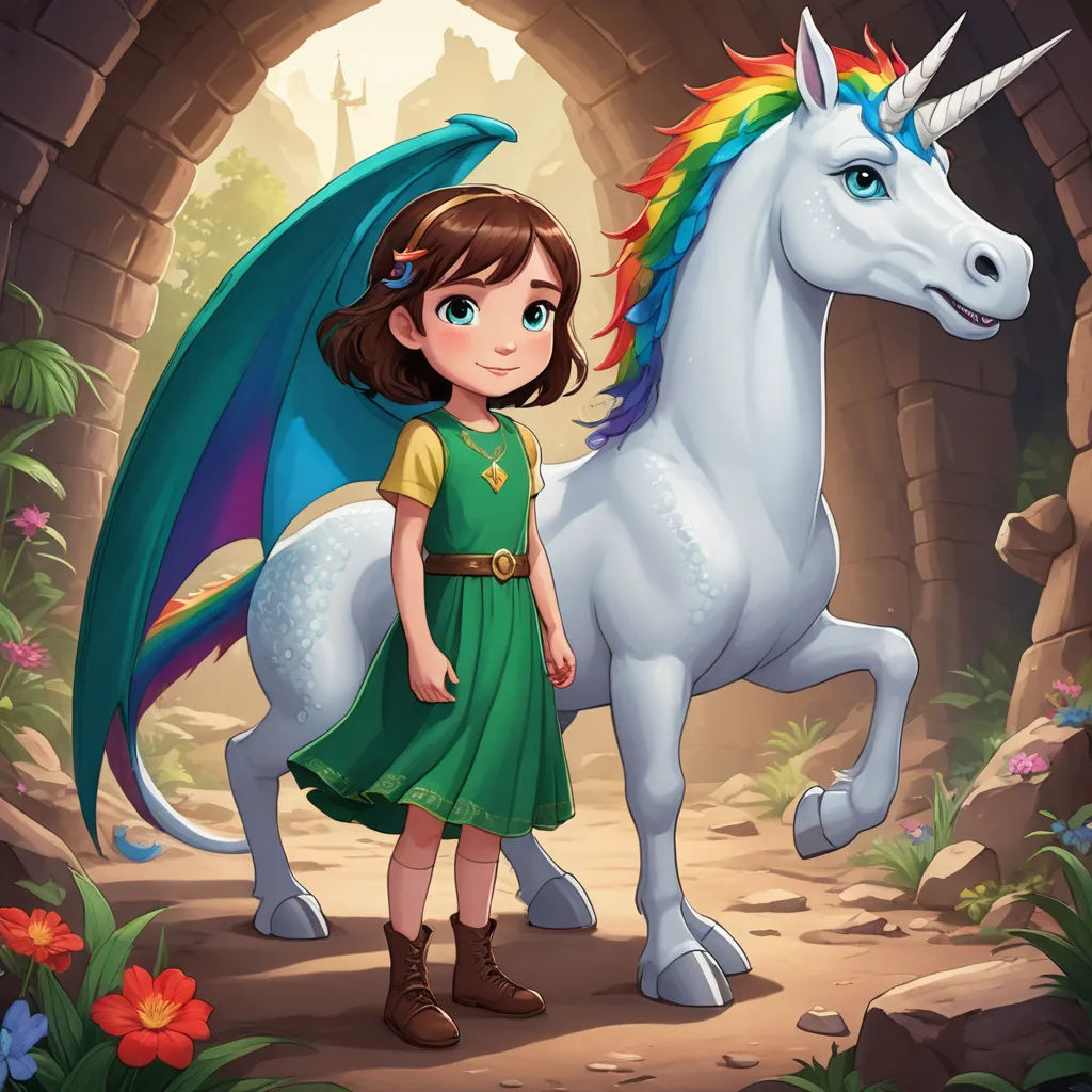 a girl standing next to a white unicorn in a cave with a dragon on it's back and a rainbow tail, fantasy art, a character portrait, Anne Stokes, key art