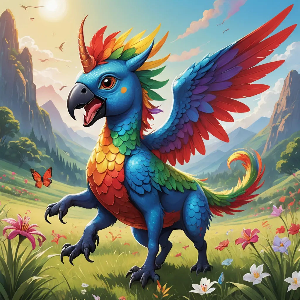 a colorful bird with a long tail standing in a field of flowers and grass with a butterfly flying above it, fantasy art, a character portrait, Chris LaBrooy, magic the gathering artwork