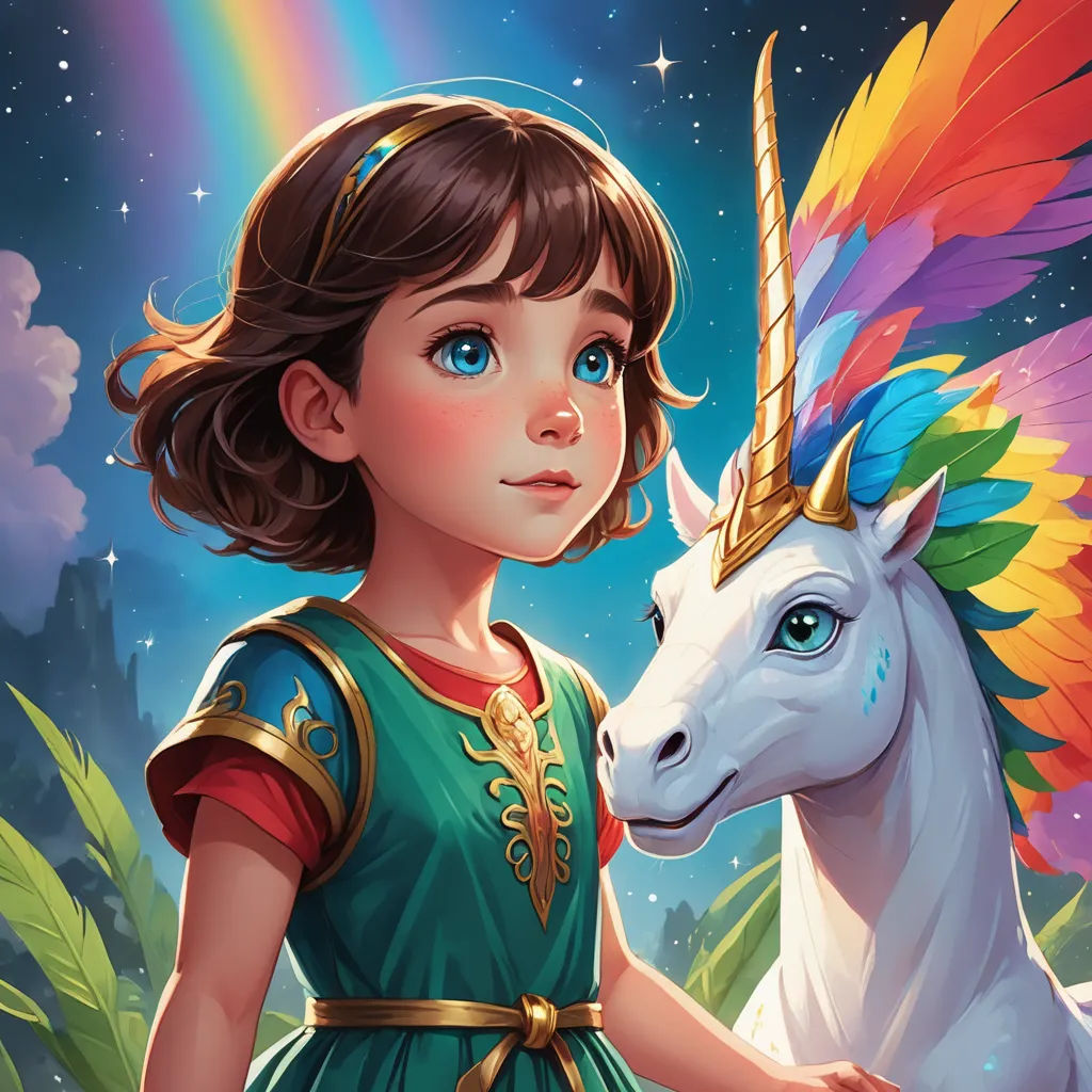 a little girl in a green dress standing next to a unicorn in a field of grass and flowers with a rainbow in the background, fantasy art, a detailed painting, Artgerm, rossdraws global illumination