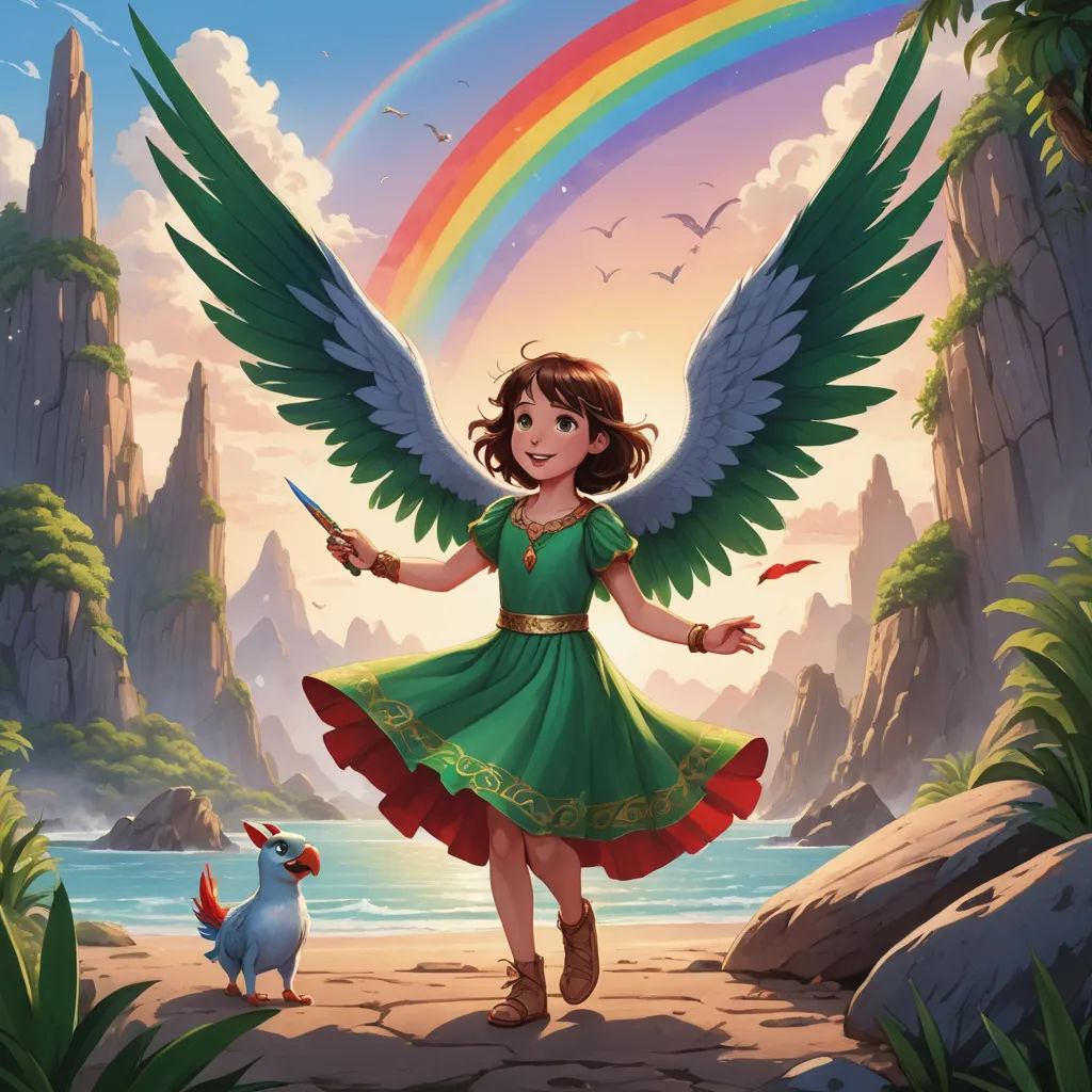 a girl in a green dress with a rainbow in the background and a bird in the foreground, and a rainbow in the background, fantasy art, a storybook illustration, Cliff Childs, rossdraws global illumination