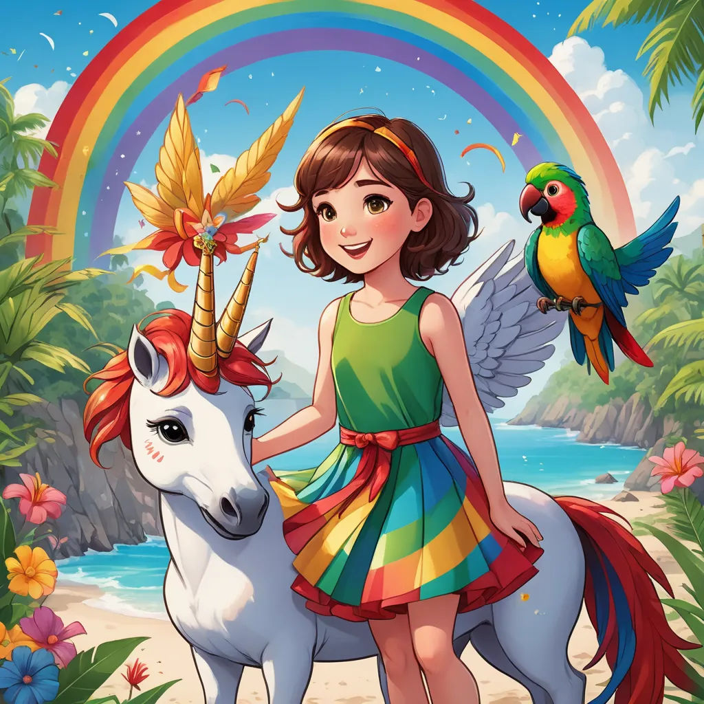 a girl standing next to a unicorn and a bird on a beach with a rainbow in the background and a rainbow bird on top of the unicorn, fantasy art, a storybook illustration, Artgerm, comic cover art