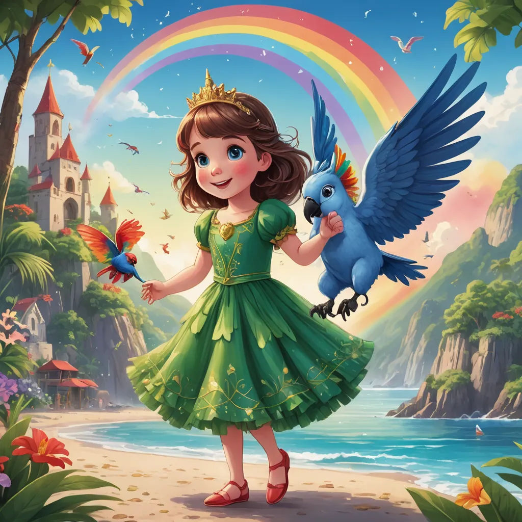 a girl in a green dress holding a bird and a rainbow in the background with a castle and a rainbow, fantasy art, a storybook illustration, Chris LaBrooy, rossdraws global illumination