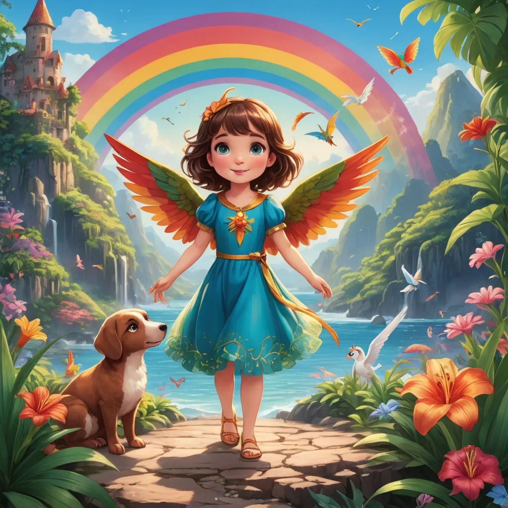 a little girl with a dog standing in front of a rainbow and a castle with a rainbow in the background, fantasy art, a storybook illustration, Cliff Childs, rossdraws global illumination