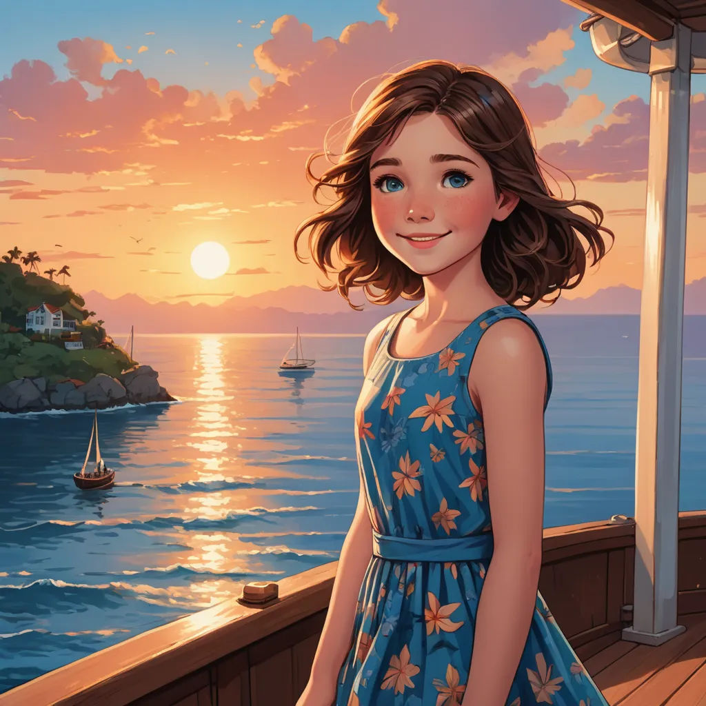 a painting of a girl on a boat at sunset with a boat in the background and a sunset over the water, fantasy art, a storybook illustration, Cliff Childs, kinkade