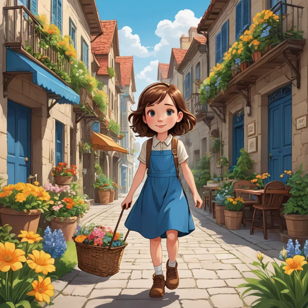 a girl walking down a street holding a basket of flowers and a cane in her hand, with a blue door in the background, magical realism, a storybook illustration, Alice Prin, storybook illustration