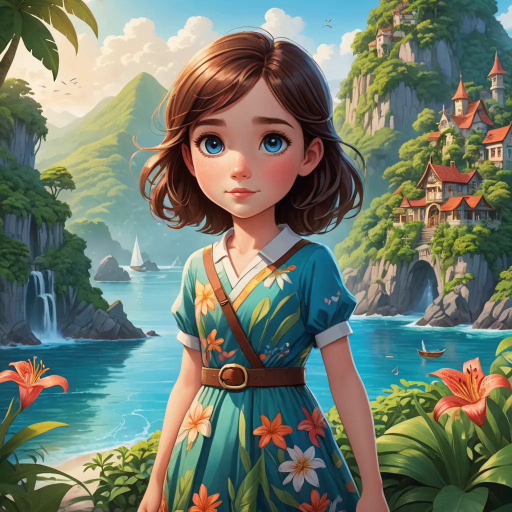 a girl in a blue dress standing in front of a mountain and a lake with a waterfall in the background, fantasy art, a character portrait, Alice Prin, rossdraws global illumination