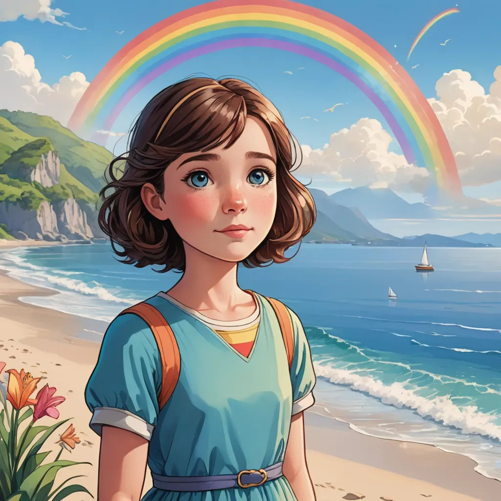 a girl standing on a beach with a rainbow in the background and a boat in the water behind her, fantasy art, a detailed painting, Alice Prin, official art