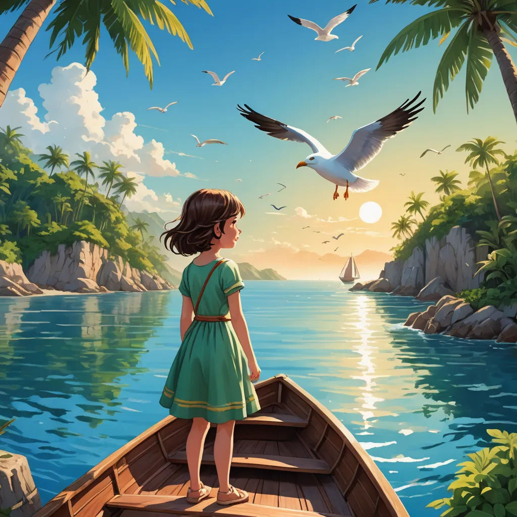 a girl standing on a boat looking at a bird flying over the water and a bird flying over the water, fantasy art, a storybook illustration, Cyril Rolando, highly detailed digital painting