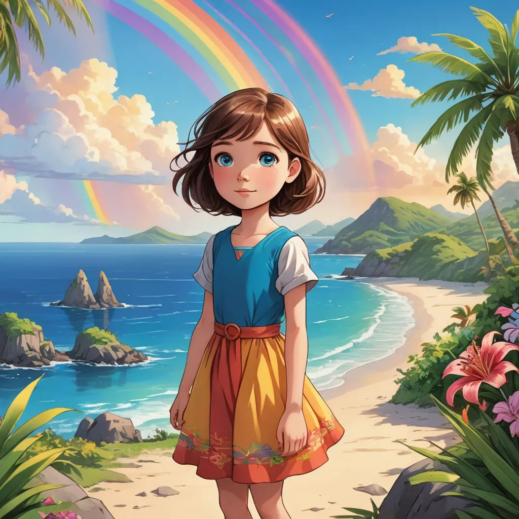 a girl standing on a beach with a rainbow in the background and a rainbow in the sky above her, fantasy art, a storybook illustration, Cliff Childs, official art