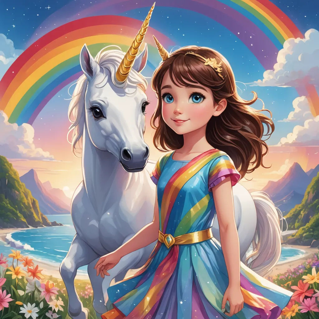 a girl in a dress standing next to a unicorn in a field of flowers and a rainbow in the background, fantasy art, a storybook illustration, Anne Stokes, key art