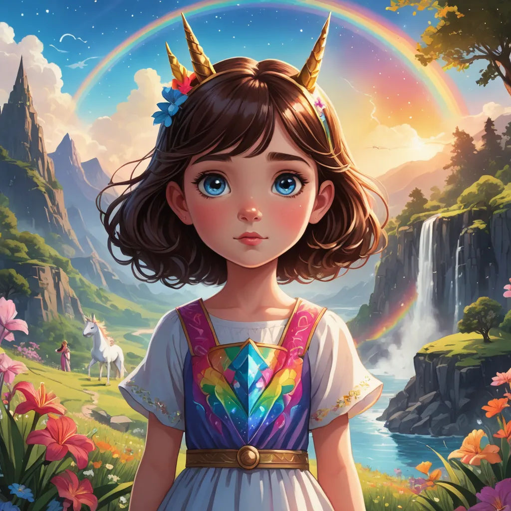a girl with a unicorn horn standing in front of a rainbow and mountains background with flowers and a rainbow, fantasy art, a storybook illustration, Artgerm, trending on art station