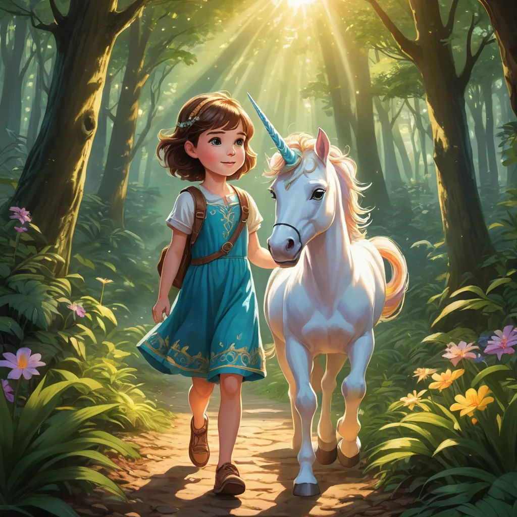 a girl is walking with a unicorn in the woods by herself, in the sunlight, through the trees, fantasy art, a storybook illustration, Chris Rallis, rossdraws global illumination
